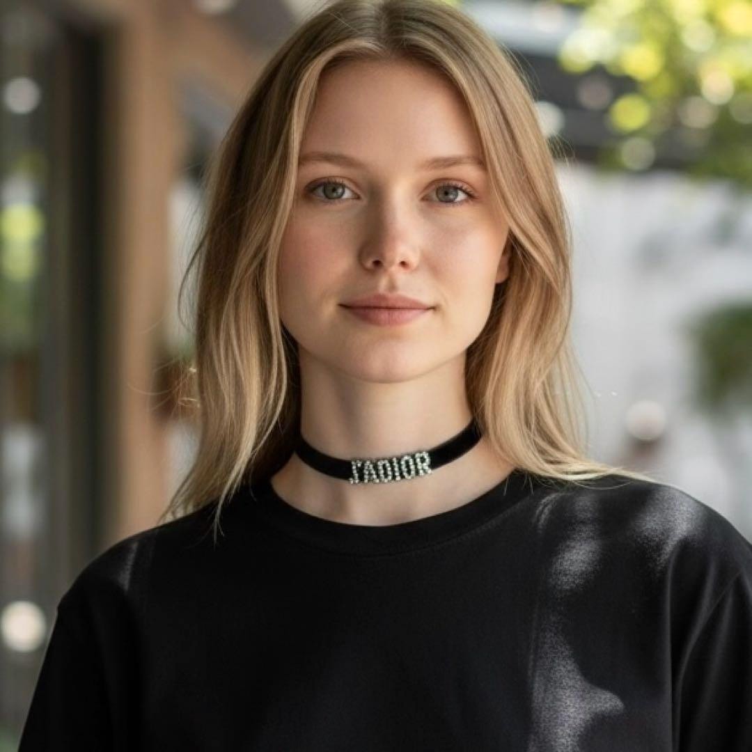 DIOR J'ADIOR Rhinestone Choker Necklace Black Velvet Crystal Logo Adjustable