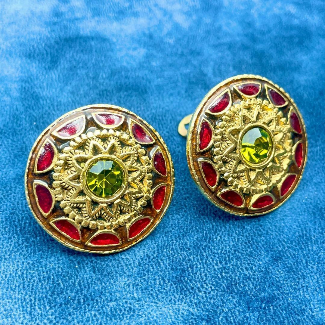 Christian Lacroix Vtg Gold Large Statement Clip Earrings Color Stone Red Used