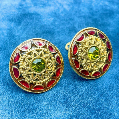 Christian Lacroix Vtg Gold Large Statement Clip Earrings Color Stone Red Used