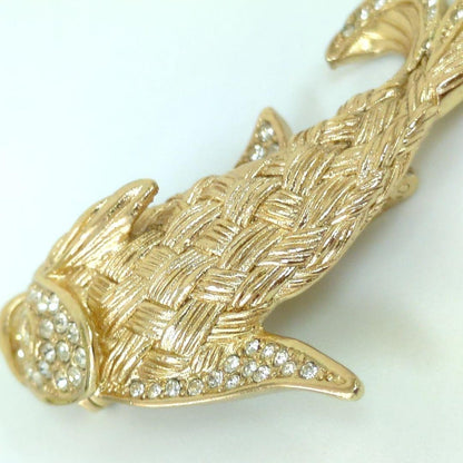Christian Dior Rhinestone Crystal Gold Tone Koi Fish Carp Brooch From Japan