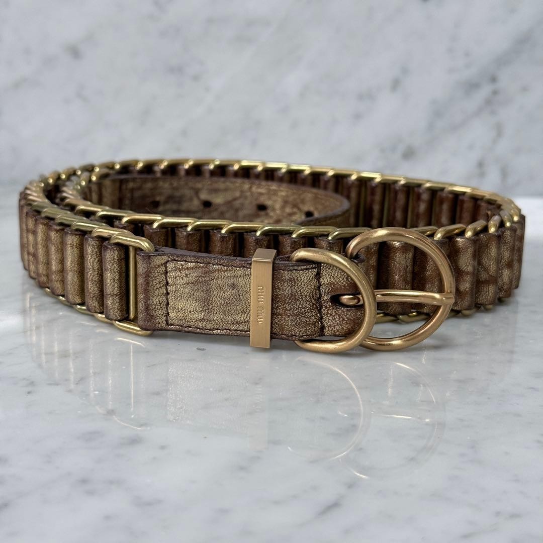 Miu Miu Gold Hardware Leather Chain Belt Double Ring L 94cm 37in Excellent