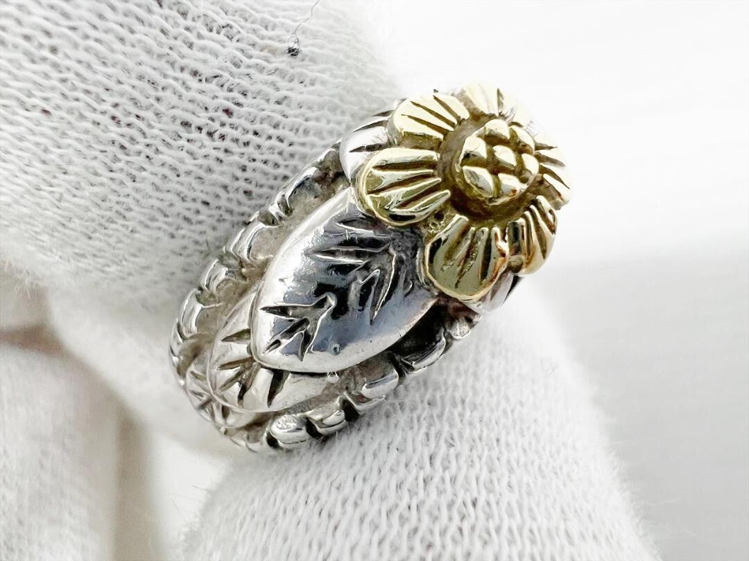 Stephen Dwek Sterling Silver 925 Yellow Gold K18 Pair Flower Ring Size US 4.25