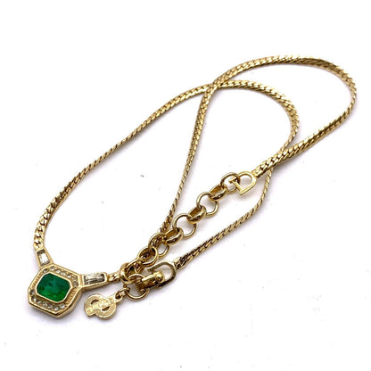 Vintage Christian Dior  Green Stone Rhinestone Gold Tone Chain Necklace 17" Used