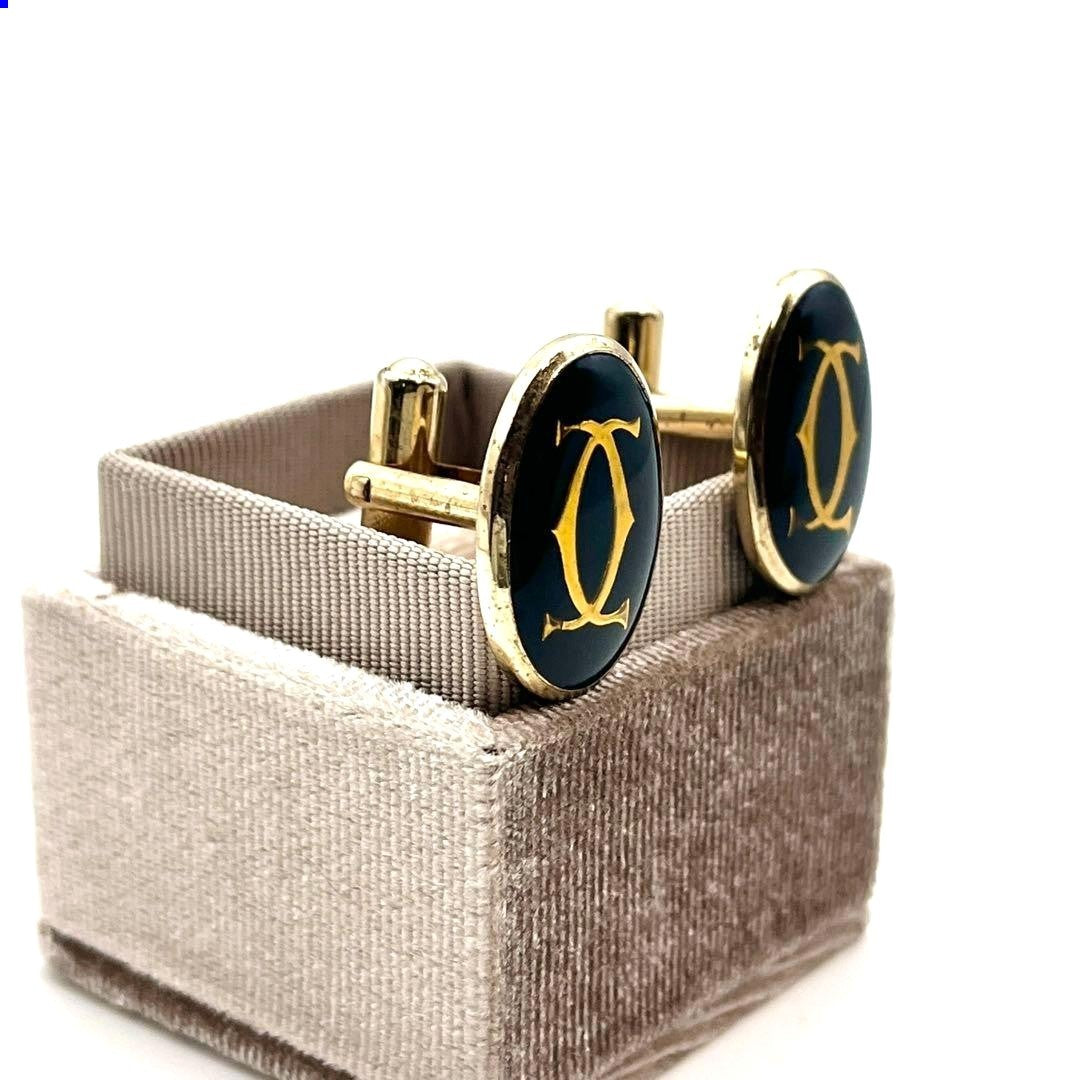 Cartier Cufflinks Double C Logo 2C Gold Tone Oval Black Enamel Men Accessory VTG