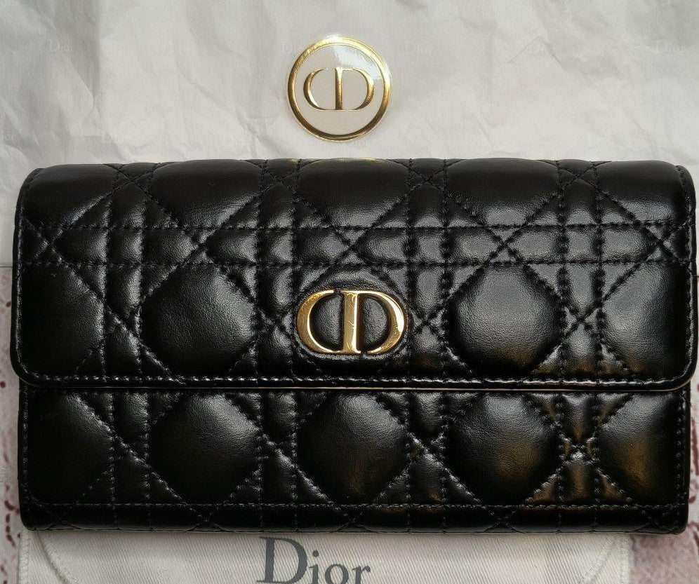 Authentic Christian Dior Canage Dior Caro Orchid Long Wallet Black Leather