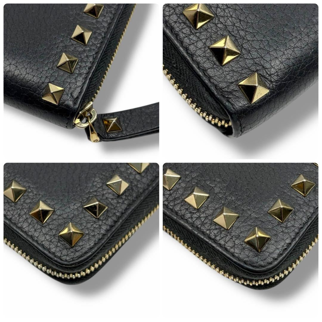 Valentino Garavani Auth Rockstud Long Zip Around Wallet Black 19x10 cm 7.5x3.9"