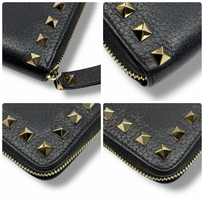 Valentino Garavani Auth Rockstud Long Zip Around Wallet Black 19x10 cm 7.5x3.9"