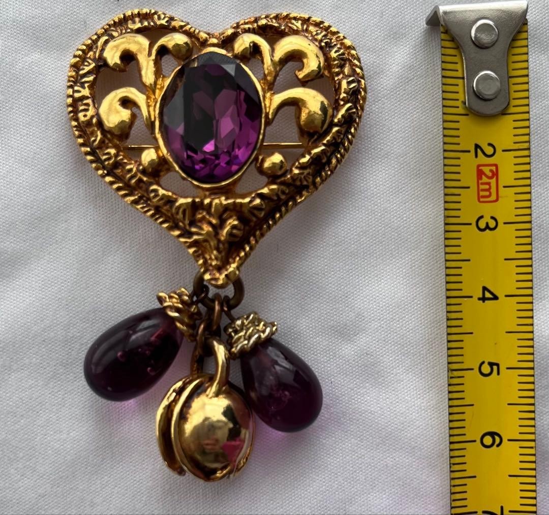 Christian Lacroix Vintage Gold Heart Brooch Purple Stone Bell Charm Used AUTH