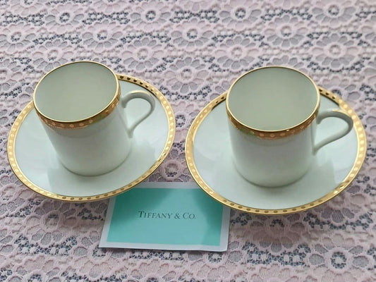 Tiffany & Co Gold Band Demitasse Cups Saucers Pair Made in Japan White Gold Set