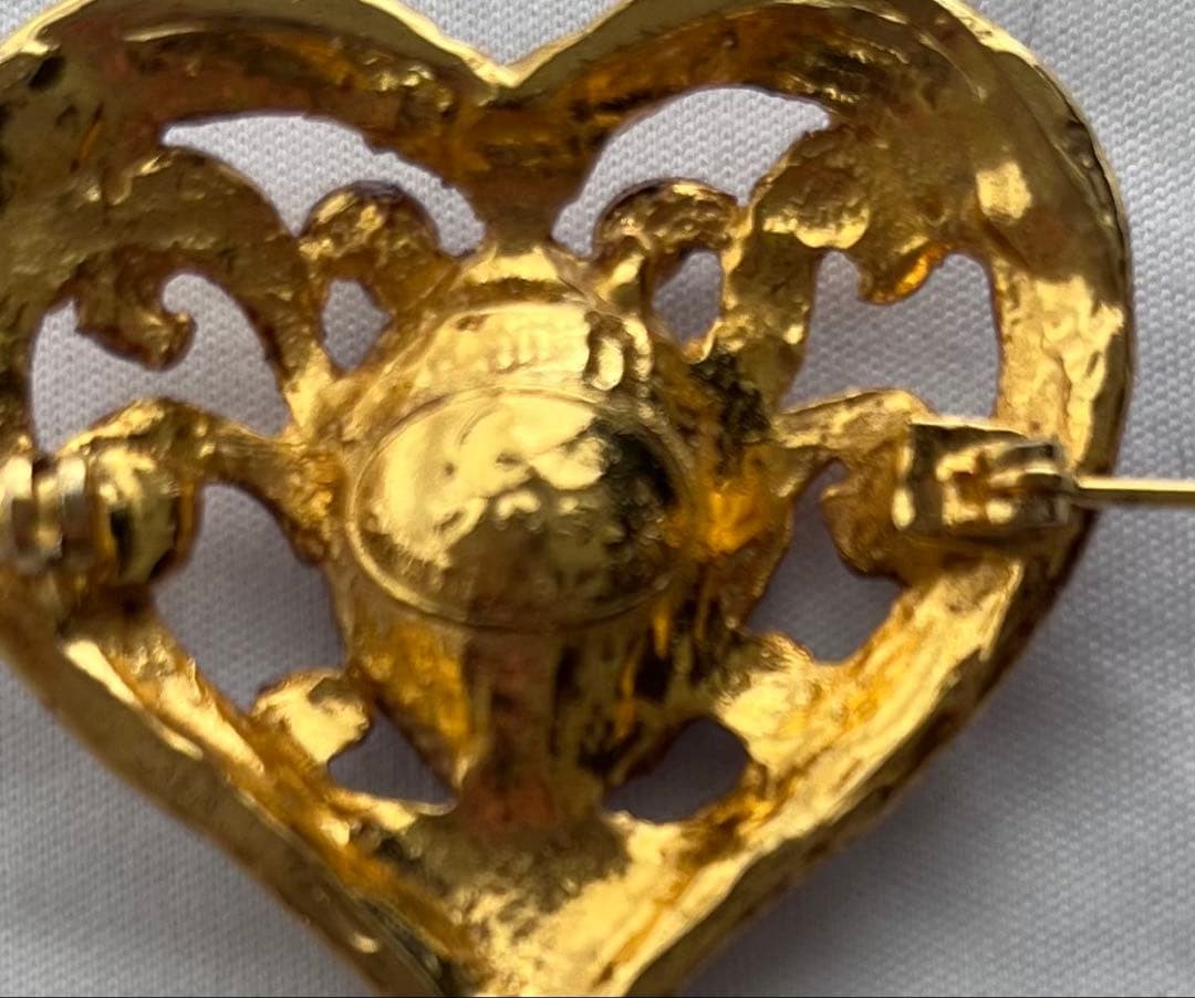 Christian Lacroix Vintage Gold Heart Brooch Purple Stone Bell Charm Used AUTH