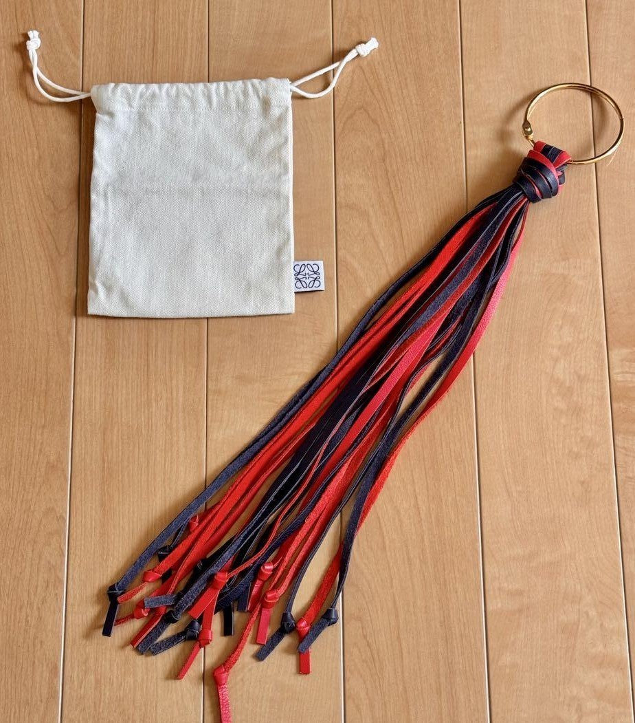 Rare Loewe Red Blue Black Leather Tassel Charm Bag Charm Key Ring Used Japan