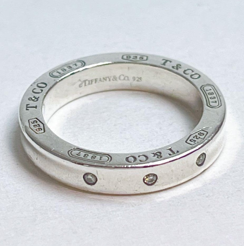 Tiffany & Co. Silver 925 3P Diamond 1837 Narrow Ring Size 49.5 US 5 Used
