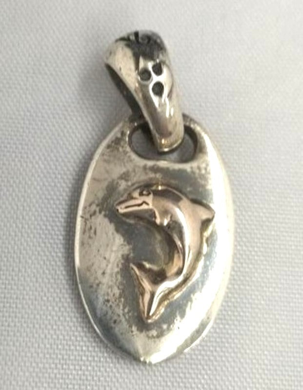A&G 950 Silver Pendant Top Dolphin Motif Oval Charm Necklace Top Japan 3cm 1.2"