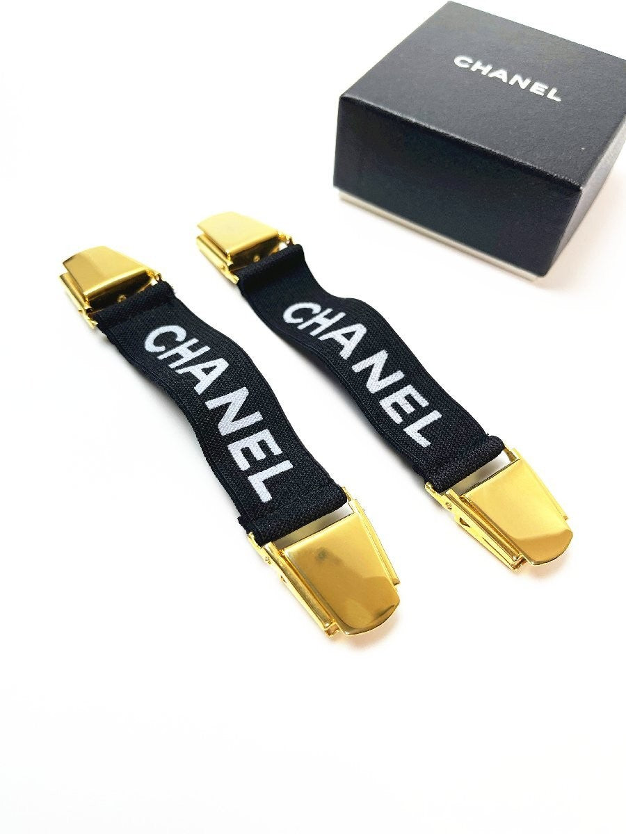 Chanel Auth Vtg Arm Band Mini Suspender Black White Gold GP Rubber 15cm 5.9"