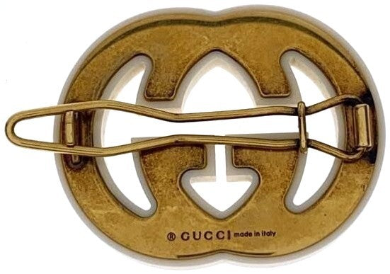 GUCCI Interlocking G Hair Clip Barrette Cream Crystal Gold HW Italy Authentic