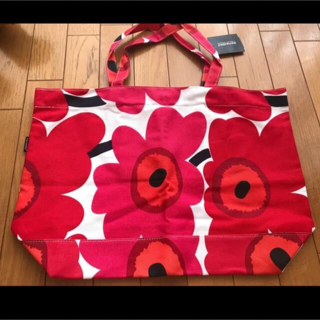Marimekko Floral Canvas Red Tote Bag Big 50x36 cm 19.7x14.2" New