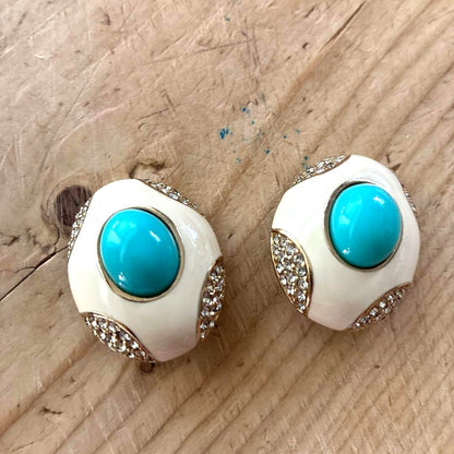 CINER Vintage Clip-On Earrings Turquoise Cabochon Cream Enamel Crystal Gold Tone