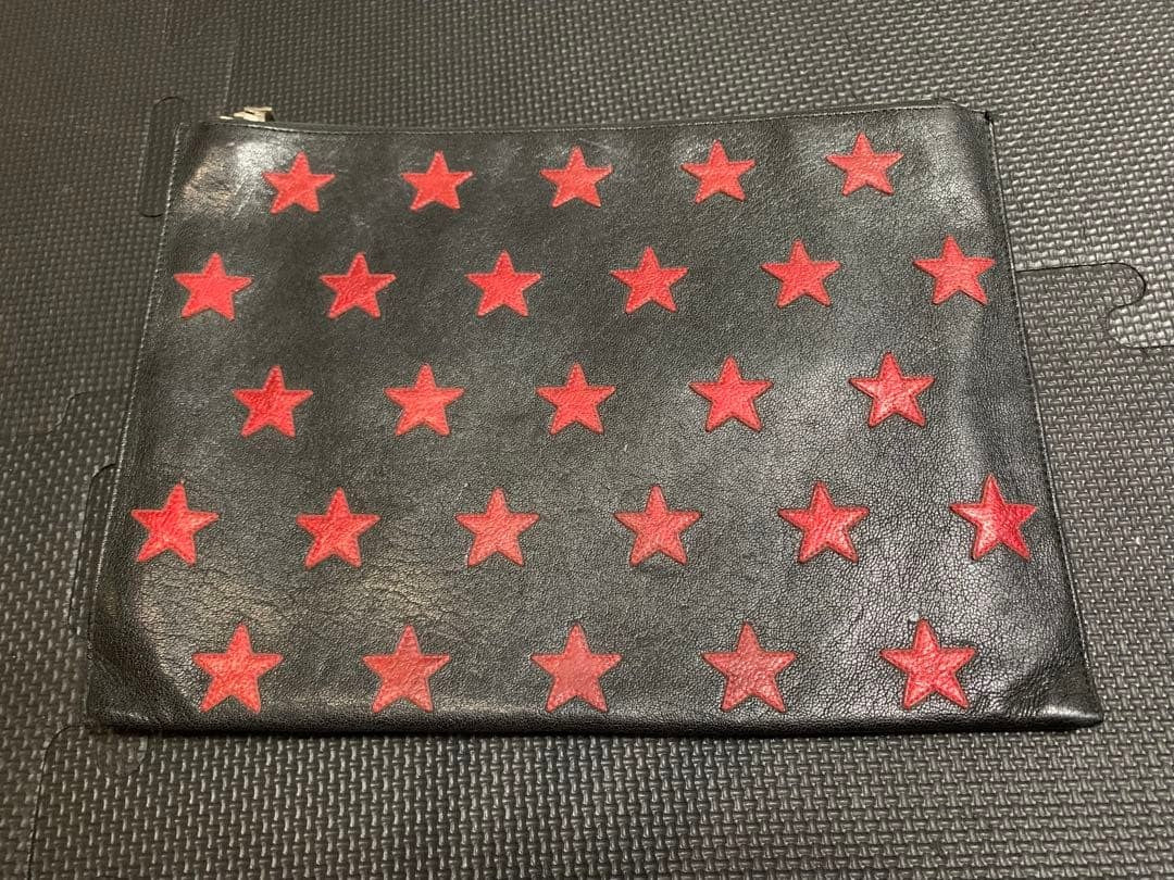 Authentic Saint Laurent Red Star Pattern Black Leather Clutch Hand Bag Used