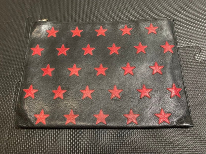 Authentic Saint Laurent Red Star Pattern Black Leather Clutch Hand Bag Used