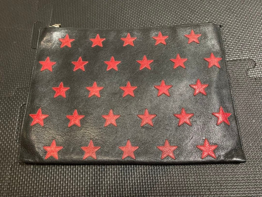 Authentic Saint Laurent Red Star Pattern Black Leather Clutch Hand Bag Used
