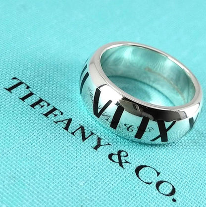 Tiffany & Co Silver 925 Wide Atlas Black Enamel Roman Numerals Ring Size US 7