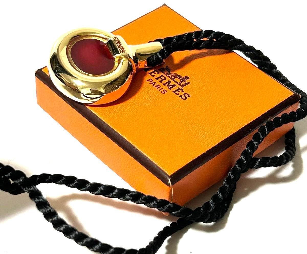 HERMES Paris Perfume Bottle Pendant Necklace Gold Bordeaux 27.6in Auth France