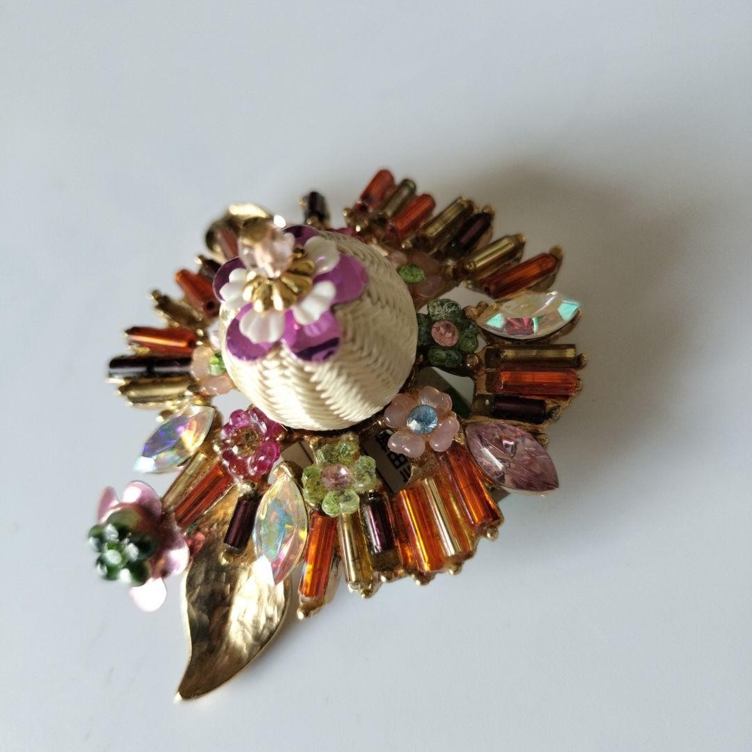 Christian Lacroix Vtg Style Floral Brooch Multicolor Beads Crystal Metal Used