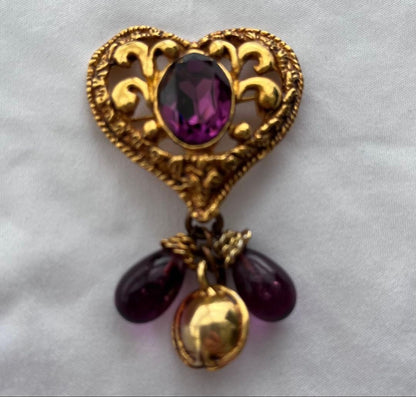 Christian Lacroix Vintage Gold Heart Brooch Purple Stone Bell Charm Used AUTH