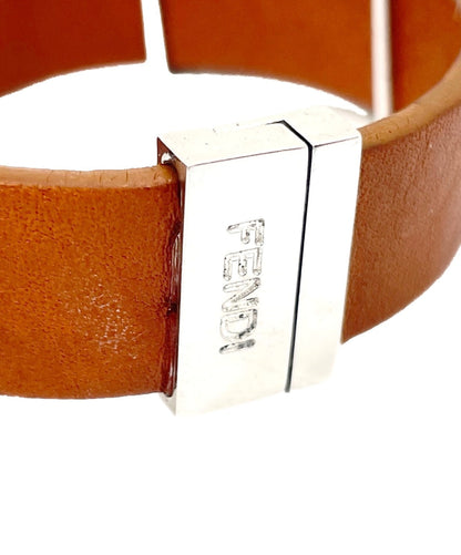 FENDI FF Zucca Logo Buckle Leather Bracelet Brown Silver 925 Cuff Bangle Unisex