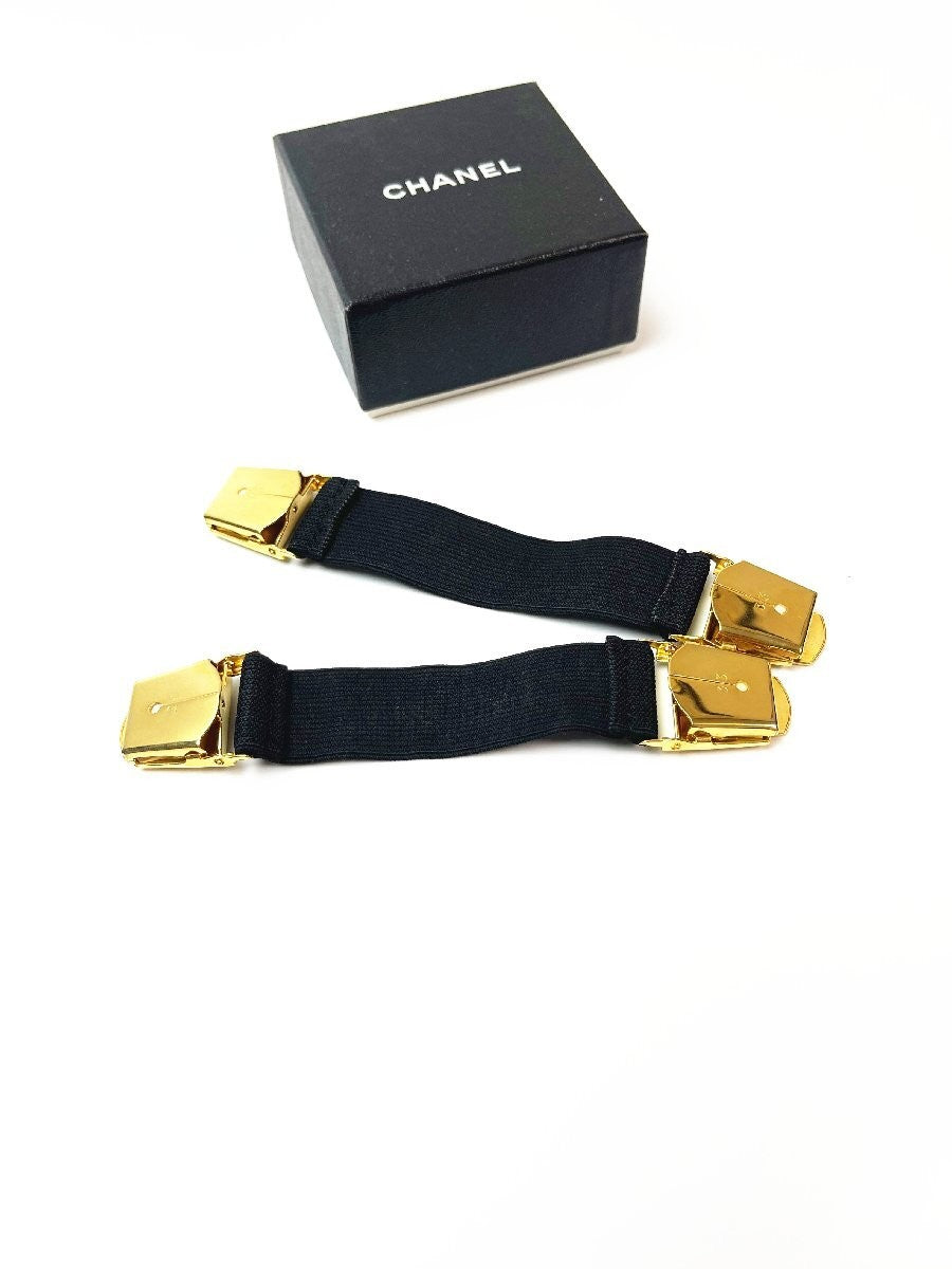 Chanel Auth Vtg Arm Band Mini Suspender Black White Gold GP Rubber 15cm 5.9"