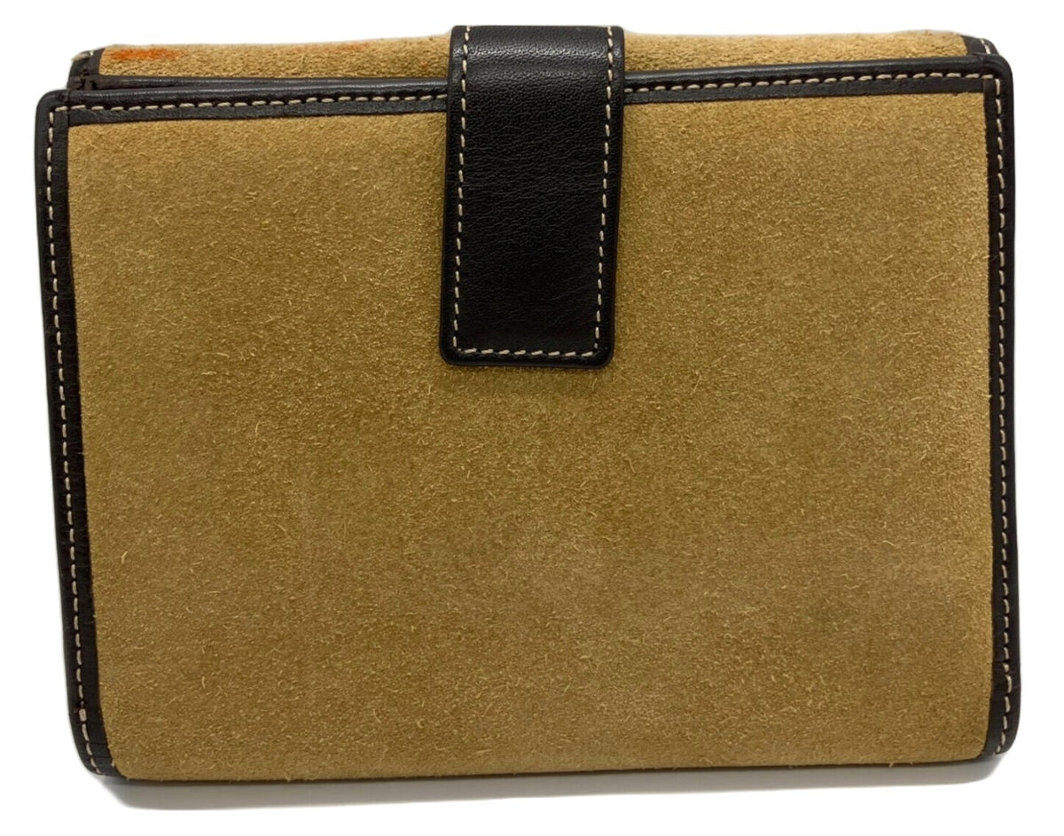 LOEWE Anagram Bifold Wallet Beige Suede Leather Brown Trim Compact Spain Used