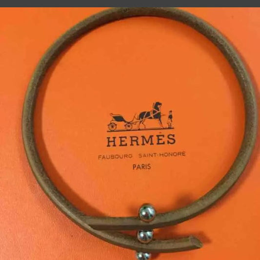 Authentic HERMES 3 Vanadium Ball Brown Leather Choker Necklace L 38cm 15in