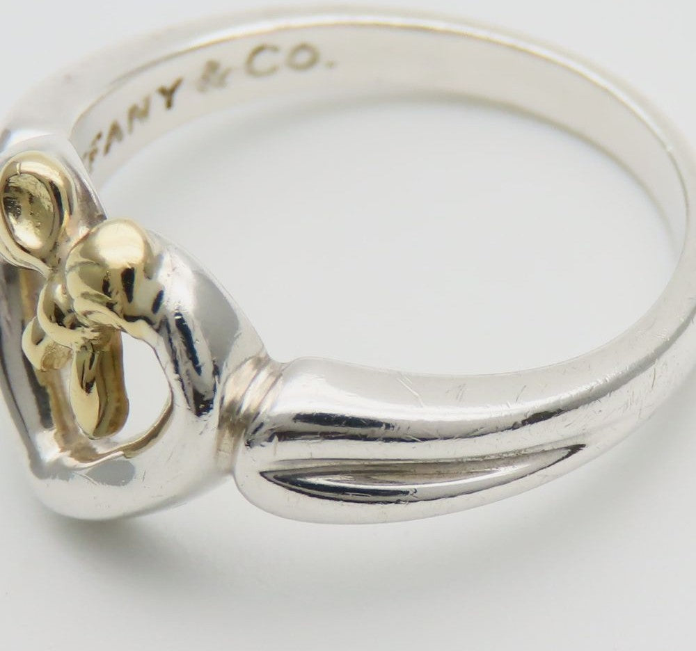 Tiffany & Co Heart Ribbon Ring Silver 925 18K Yellow Gold Combo Size US6 EU52
