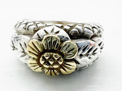 Stephen Dwek Sterling Silver 925 Yellow Gold K18 Pair Flower Ring Size US 4.25
