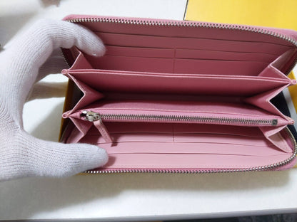 Authentic FENDI Monster Bag Bugs Eye Pink Calfskin Long Wallet Used Excellent