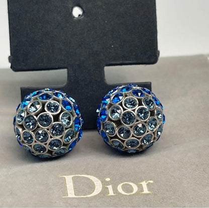 Rare Christian Dior Tribales Blue Silver Rhinestone Earrings Excellent Condition