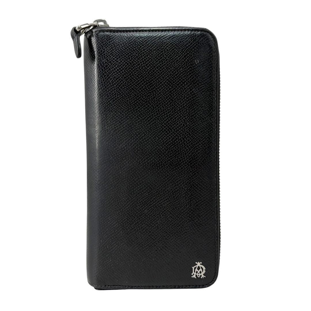 Dunhill Auth Cadogan Black Leather Round Zip Long Wallet 19x10 cm 7.5x3.9" Used