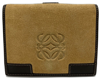 LOEWE Anagram Bifold Wallet Beige Suede Leather Brown Trim Compact Spain Used