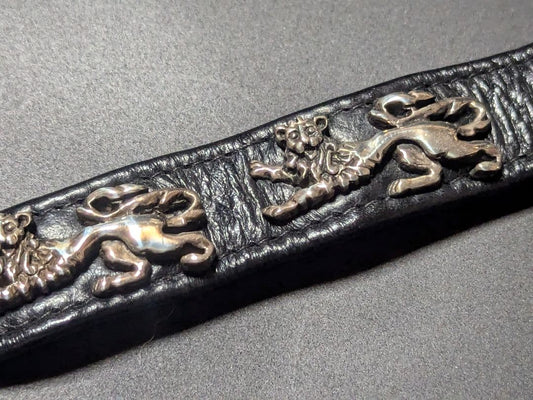 A&G Lion Heart Black Leather Bracelet Silver Tone Lion Motif 10.6in Unisex Used
