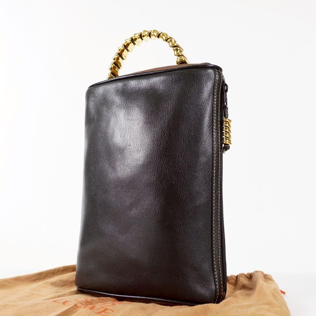 Rare LOEWE Velazquez Black Leather Hand Bag Clutch Gold Hardware Excellent