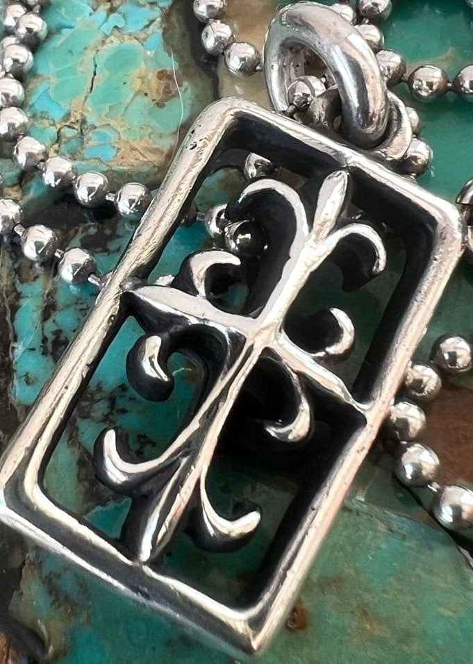 A&G 90s Frame Cross Pendant Necklace Ball Chain Silver 925 USA 35mm Vintage Used