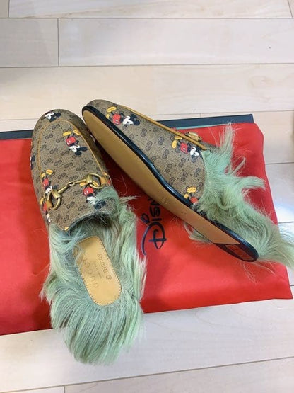 Gucci Disney GG Monogram Mickey Mouse Fur Princetown Slippers Size 34 Near Mint