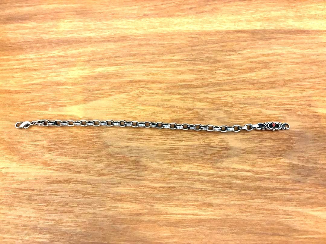 DEAL DESIGN 925 Sterling Silver Chain Bracelet Red Stone Scrollwork Used Japan