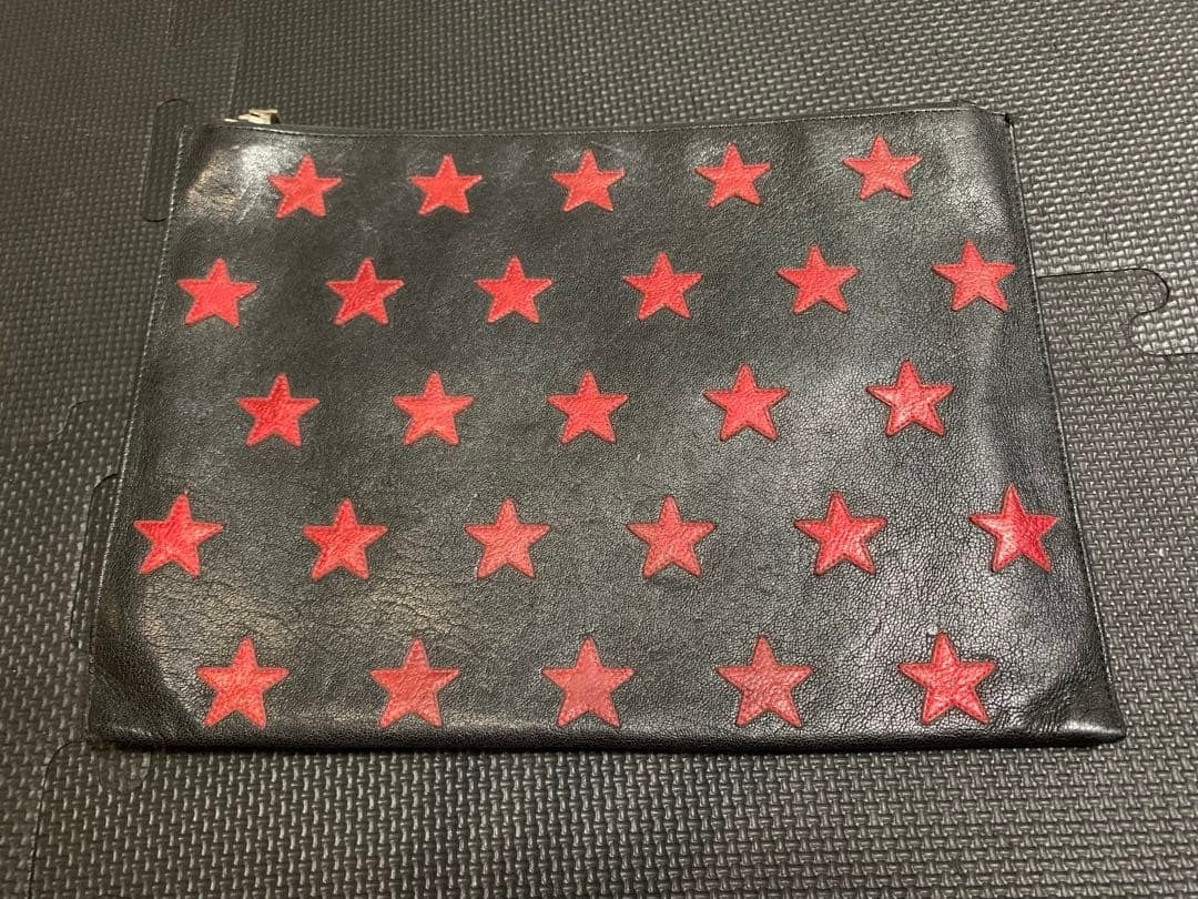 Authentic Saint Laurent Red Star Pattern Black Leather Clutch Hand Bag Used