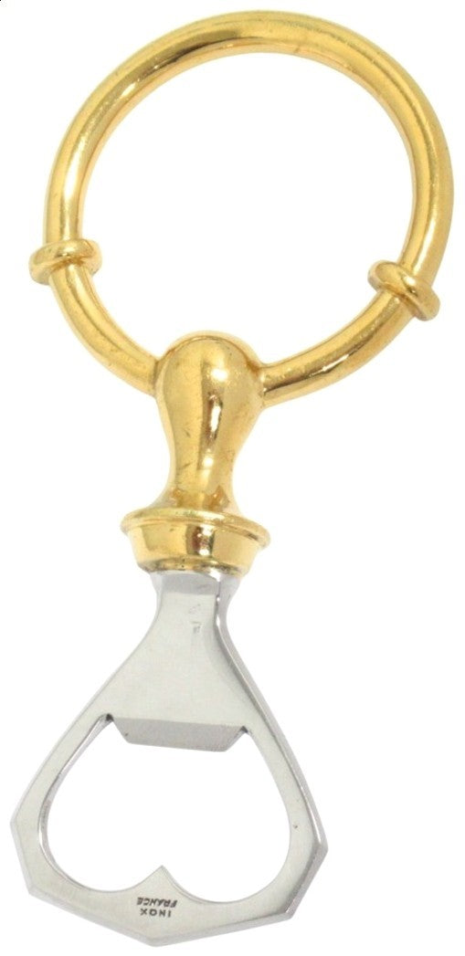 HERMES Vintage Bottle Opener Key Ring Gold Plated Silver Stainless France 4.9in