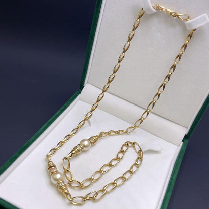 Vintage Christian Dior Gold Plated Faux Pearls Rhinestone Long Chain Necklace