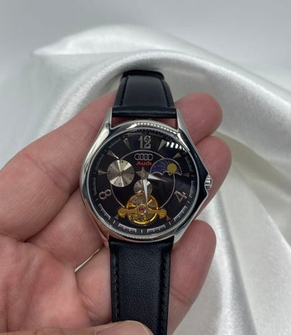 Rare Excellent Audi Sun and Moon Automatic Silver Case Watch Skeleton Unused
