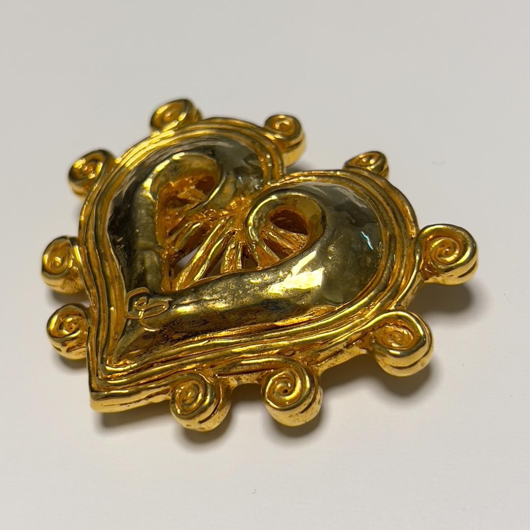 Christian Lacroix Vtg Oversized Heart Brooch Gold Logo 7.5x6 cm 3.0x2.4" France