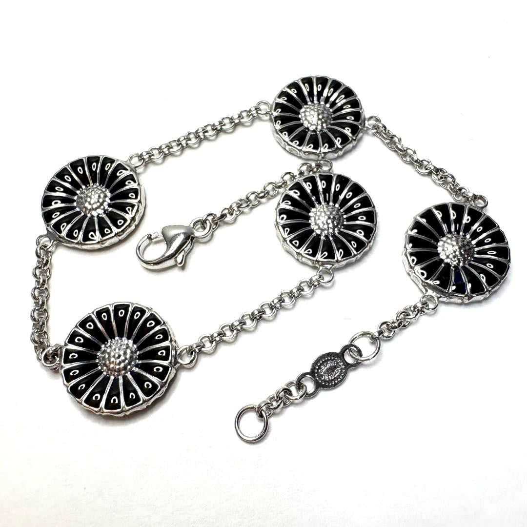 Georg Jensen Sterling Silver 925 Black Enamel Daisy Bracelet L 18.5cm 7.2in