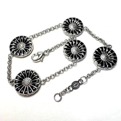 Georg Jensen Sterling Silver 925 Black Enamel Daisy Bracelet L 18.5cm 7.2in